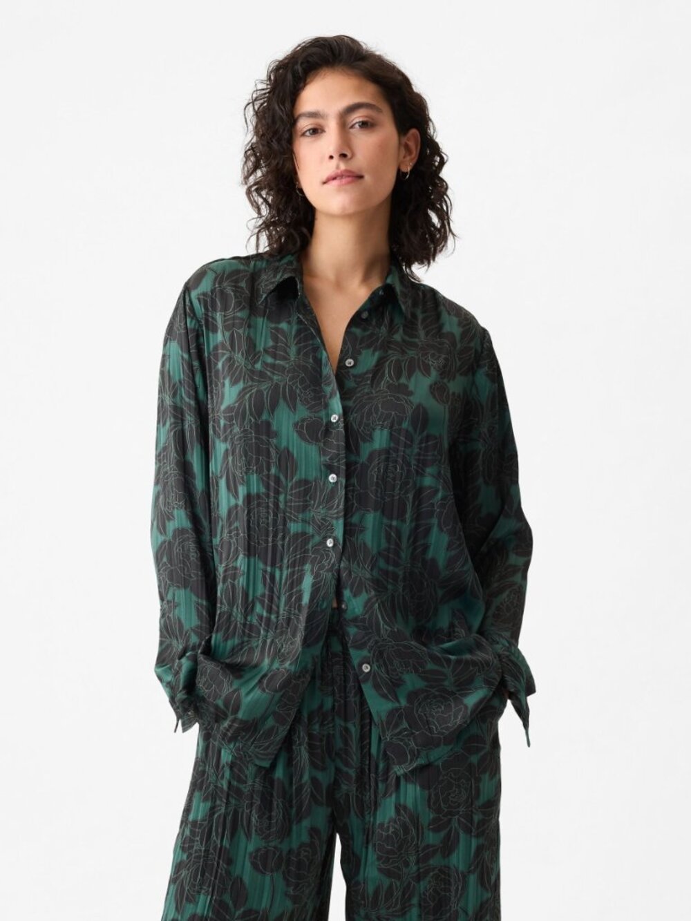 NWT GAP 3-Piece Satin Floral Set XL Pleated Shirt Cami Pants Green Black